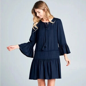 Cotton Bleu Boho Navy Ruffle Sleeve Tie Neck Linen Blend Dress NWT